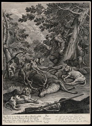 view A pack of hunting hounds is resting next to a dead stag while the huntsman is leaning on a tree smoking a pipe. Etching by J. E. Ridinger.