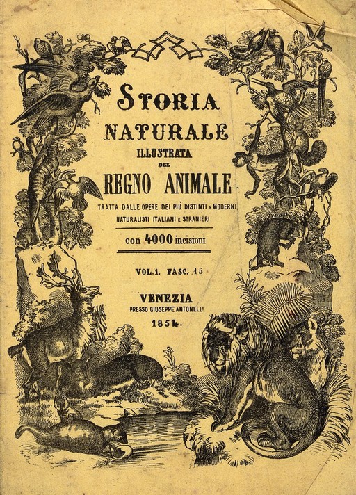 A title-vignette consisiting of various animals, including monkeys, vultures, a lion and an otter forming an ornametal flourished arch over a stream. Wood engraving.