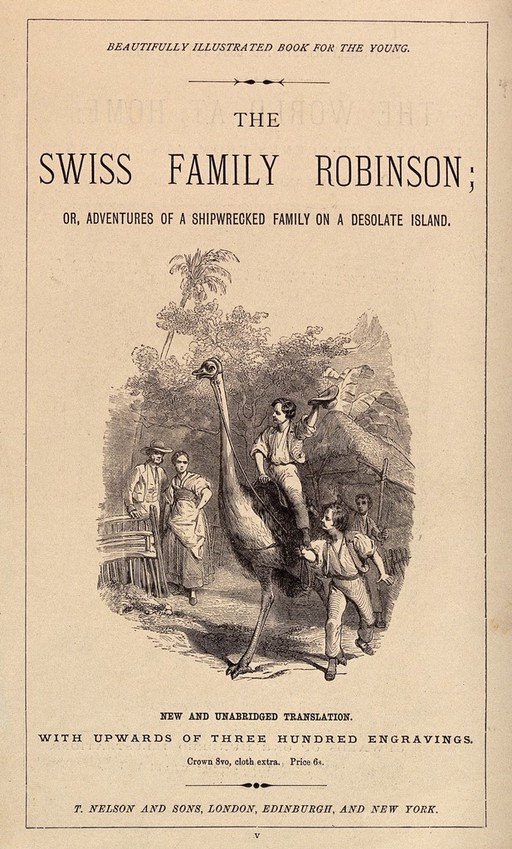 A young boy riding a saddled ostrich that is held in reins by another boy while a couple standing outside their hut watches on. Wood engraving.