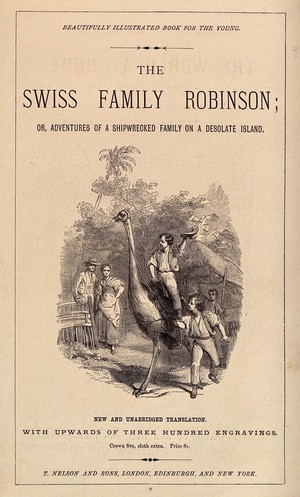 view A boy riding a saddled ostrich that is held in reins by another boy while a couple standing outside their hut watches on. Wood engraving.