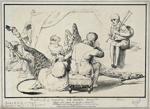 view King George IV and the Marchioness of Conyngham grieve over the body of a dead giraffe, which had been sent to them by Mehmet Ali, Pasha of Egypt. Lithograph attributed to J. Doyle, 1829.