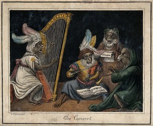 view Four monkeys dressed as musicians giving a concert. Coloured engraving after D Teniers.