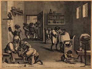 view Monkeys dressed as apothecaries caring for sick animals in a surgery. Engraving by C. Boel after D. Teniers.