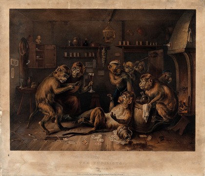 Debauched monkeys revelling in a dingy tavern as two have a boxing match. Coloured lithograph by T. Fairland after E. Bristow.