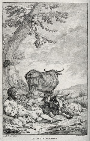 view A shepherd boy piping to sheep, goats and cows which are grouped around him. Engraving by Nandet after P. J. Loutherbourg.