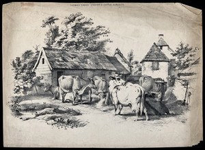 view Cows waiting in a relaxed group in a farmyard. Lithograph after T. S. Cooper, 1831.