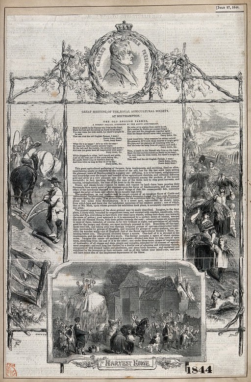 Newspaper illustrations of harvesters and Earl Spencer, President of the Royal Agricultural Society, accompanied by a ballad and article about the RAS Meeting. Wood engraving by Smyth, 1844.