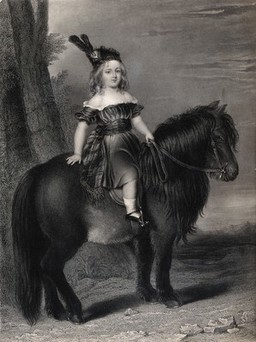 A child wearing Scottish dress and a feathered hat is mounted on a Shetland pony. Steel engraving by J. Cochrane after W. Salter, 1845.