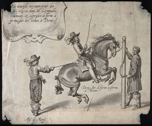 A rider with a feathered hat is performing a dressage act with the aid of a rope dressed around a wooden pole and two men assisting him. Etching.
