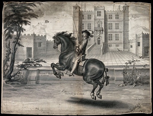 A horseman is performing a dressage act in front of a castle. Engraving by P. Clouwet after A. van Diepenbeek.
