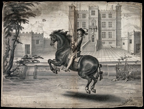 William Cavendish, Marquis (from 1665 Duke) of Newcastle performing  dressage in front of Bolsover Castle. Engraving by P. Clouwet after A. van Diepenbeeck.