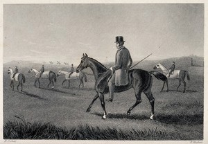 view A group of riders with their horses on a meadow. Etching by E. Hacker after E. Corbet.