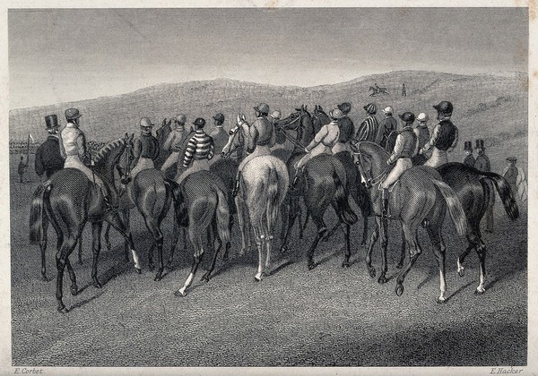 A group of jockeys with their horses standing in a crowd at the starting line. Etching by E. Hacker after E. Corbet.