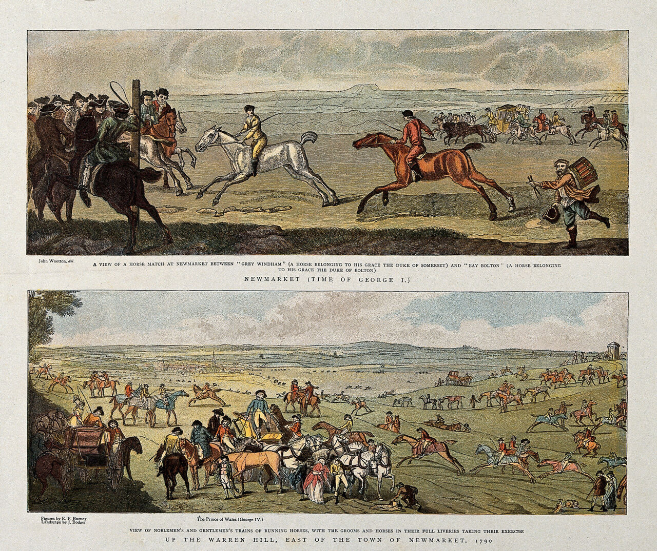 Above, two horses and their riders are approaching the finishing post in a race at Newmarket, eagerly awaited by a crowd; below, grooms and horses taking their exercises on a field outside the town of Newmarket. Chromolithograph after E. F. Burney and J. Bodger after J. Wootton., 10 January 1891, by John Wootton
