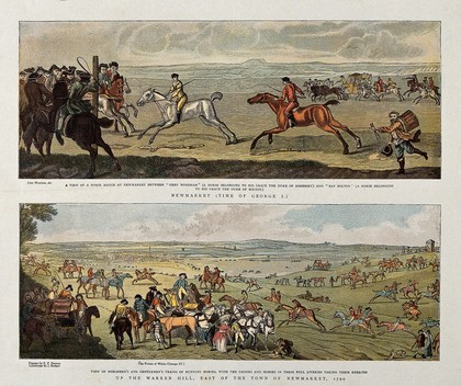 Above, two horses and their riders are approaching the finishing post in a race at Newmarket, eagerly awaited by a crowd; below, grooms and horses taking their exercises on a field outside the town of Newmarket. Chromolithograph after E. F. Burney and J. Bodger after J. Wootton.