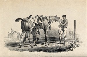 view Two men grooming and getting a race horse ready on a race course. Lithograph by E. Purcell after C. Vernet.