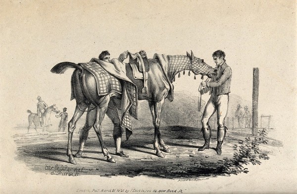 Two men grooming and getting a race horse ready on a race course. Lithograph by E. Purcell after C. Vernet.