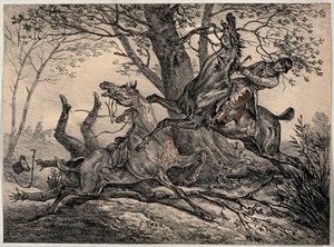 view An accident in the countryside with two horses running into each other in front of a tree. Lithograph by A. C. Vernet.