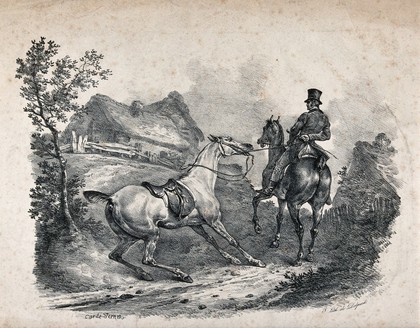 A mounted gentleman is pulling a recalcitrant horse by its reins up a path leading to a cottage. Lithograph by A. C. H. Vernet.