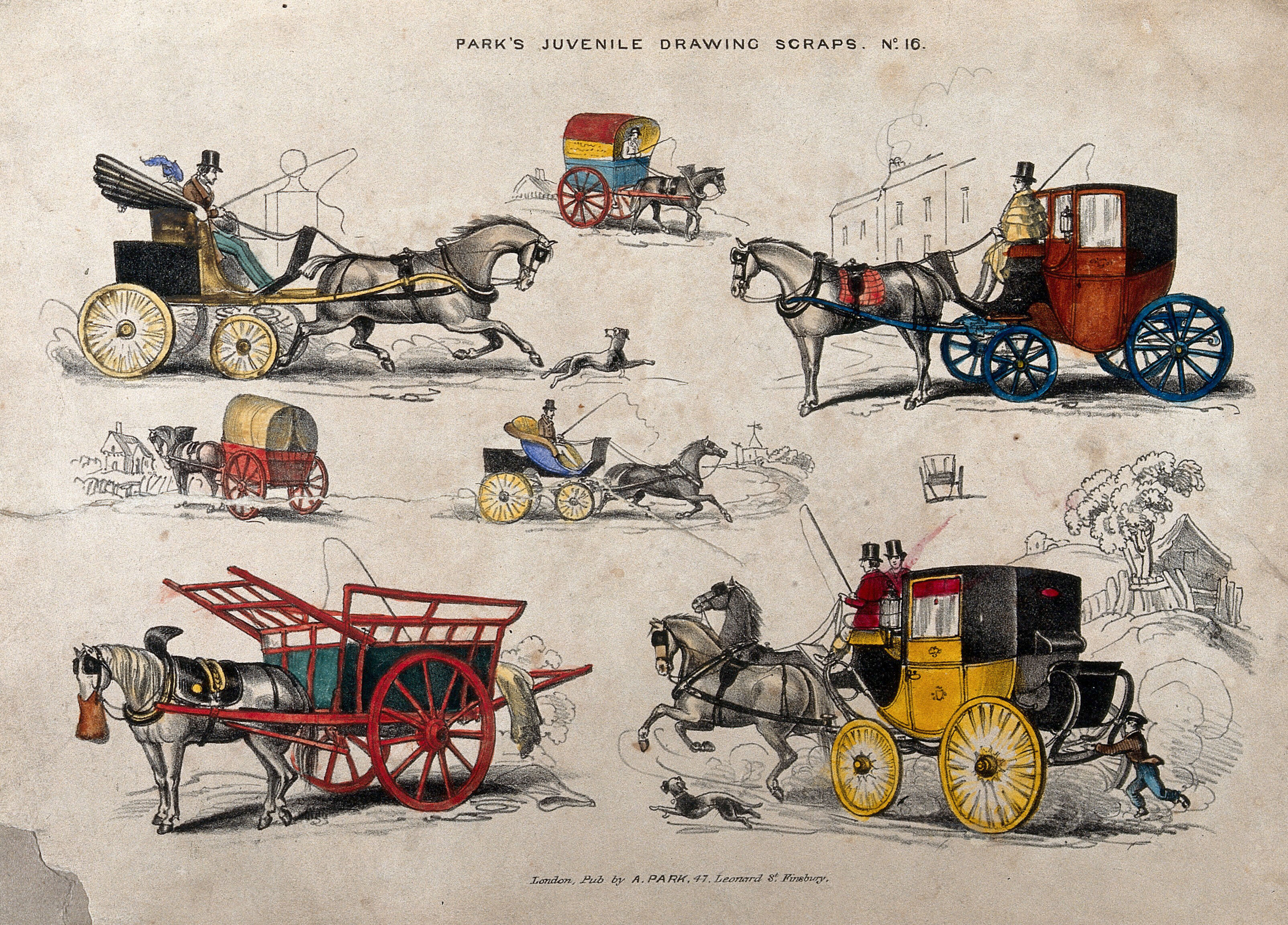 Seven different horsedrawn carts, coaches and carriages. Coloured