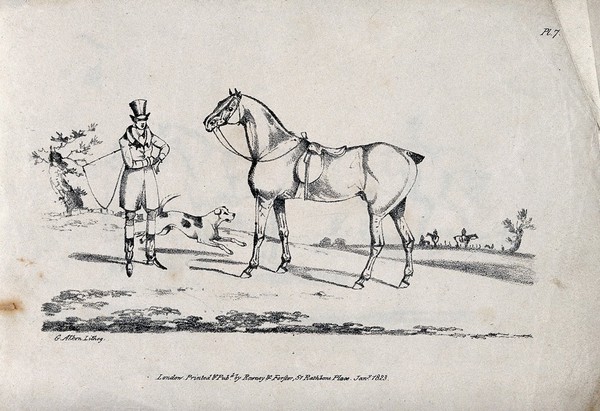A gentleman in riding attire, his dog and a stallion are standing on an open field with other riders in the background. Lithograph by G. Alken.