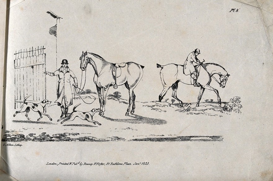Two gentlemen and their horses in a field, one is opening the gates to release the dogs, while the other gentlemen is riding. Lithograph by G. Alken.