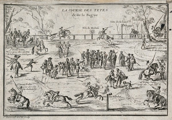 A dressage arena with gentlemen and their horses rehearsing tourney exercises in front of an audience. Etching by C. Parrocel.