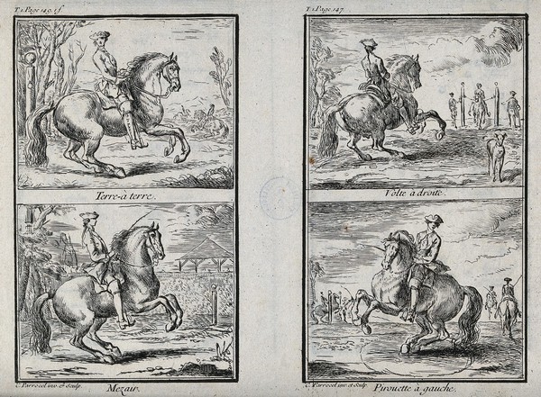 A horseman showing four different dressage exercises with his horse, including a basic gait, a circle to the right, and a piroutte. Etching by C. Parrocel.