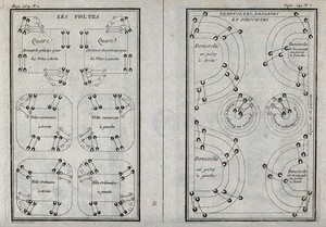 view Dressage instructions for making a horse perform circles, half-circles and pirouttes. Etching by G. Dheulland.