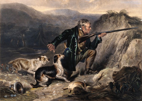 A gamekeeper trying to hush his dogs while he is kneeling and pointing his gun at a target in the distance. Reproduction of an etching by H. Beckwith after C. Hancock.