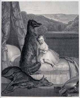 The dog Gelert guards the daughter of Prince Llewellyn after saving her from the attack of a wolf. Engraving by W.H. Mote after D. Maclise.