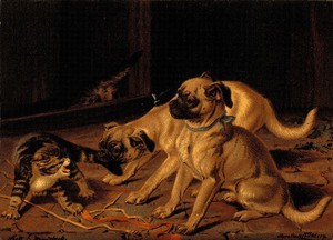 view A puppy biting a kitten in its tail while another puppy looks on. Colour line block after H. H. Couldery.