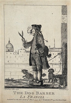 A dog barber holding a large pair of shears in one hand, a poodle under his arm, standing on a quai in Paris. Etching by J. Bretherton after H.W. Bunbury.