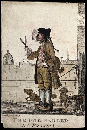 view A dog barber holding a large pair of shears in one hand, a poodle under his arm, standing on a quai in Paris. Coloured etching by J. Bretherton after H.W. Bunbury.