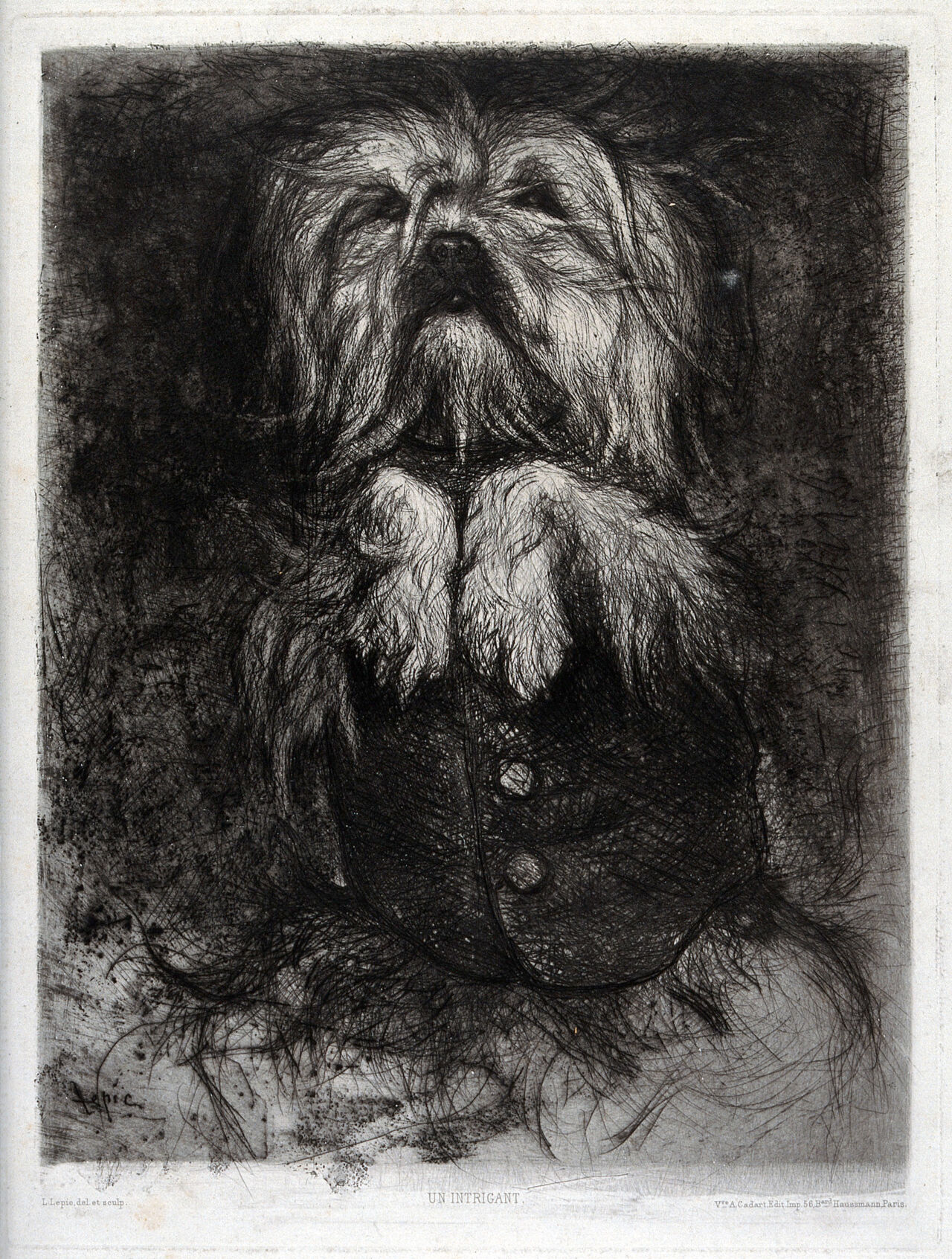 A dog in a buttoned waistcoat standing on its hind legs raising its paws. Etching by L.N. Lepic., 1800-1899, by Ludovic-Napoléon Lepic