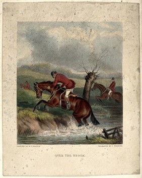 A rider and his horse trying to cross a small stream. Coloured line block after an engraving by C. Tomkins after W. J. Shayer.