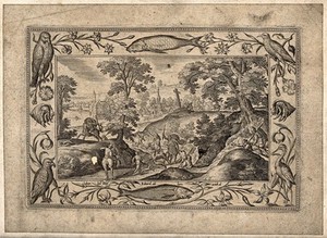 view Mounted huntsmen and their dogs chasing a stag down a narrow path in a forest. Engraving after H. Bol.