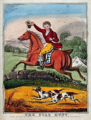 view A rider jumping over a wall with his horse followed by two dogs. Coloured line block after a drawing by J. H. Marks.