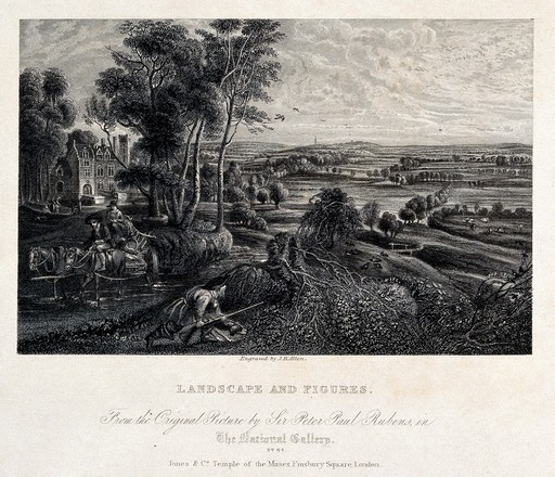 A man tries to approach and shoot fowl in a meadow while a couple drives a horse-drawn cart through a shallow river. Engraving by J. B. Allen after a painting by P. P. Rubens.