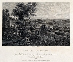 view A man tries to approach and shoot fowl in a meadow while a couple drives a horse-drawn cart through a shallow river. Engraving by J.B. Allen after a painting by P.P. Rubens.