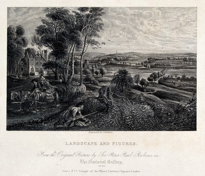A man tries to approach and shoot fowl in a meadow while a couple drives a horse-drawn cart through a shallow river. Engraving by J.B. Allen after a painting by P.P. Rubens.