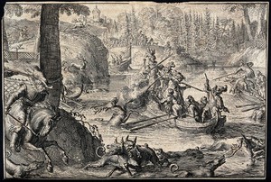 view Stags are chased out of the forest into the river and shot and speared by huntsmen in boats. Etching.