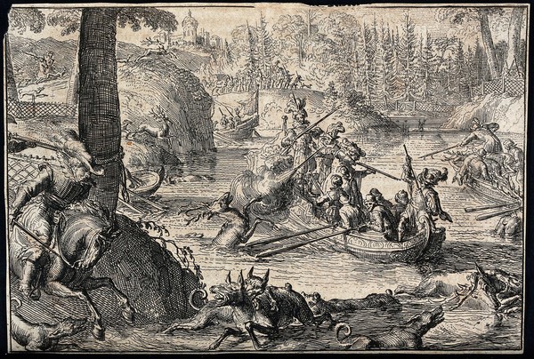 Stags are chased out of the forest into the river and shot and speared by huntsmen in boats. Etching.