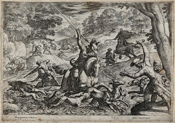 A tumultuous hunting scene in which a stag is hunted into the river and speared, and a wild boar is shot while trying to escape from the hounds. Etching by A. Tempesta.