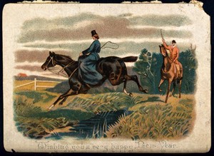 view A lady jumping with her horse over a brook with a gentleman following her on his horse. Colour line block.