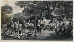 view Gathering of a hunting party in the forest. Etching by J. T. Willmore after E. Lami.