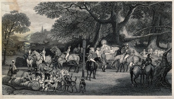 Gathering of a hunting party in the forest. Etching by J. T. Willmore after E. Lami.