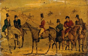 view A gathering of huntsmen in a valley. Coloured lithograph.