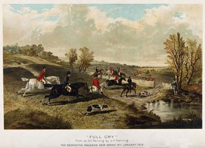 view A hunting group jumping over fences and obstacles to follow their hounds through a valley. Chromolithograph after a painting by J. F. Herring.