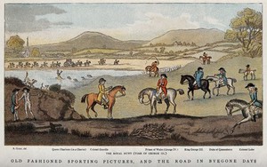 view A deer-hunting party following their hounds to a river into which they have chased a stag. Chromolithograph after A. Grant.